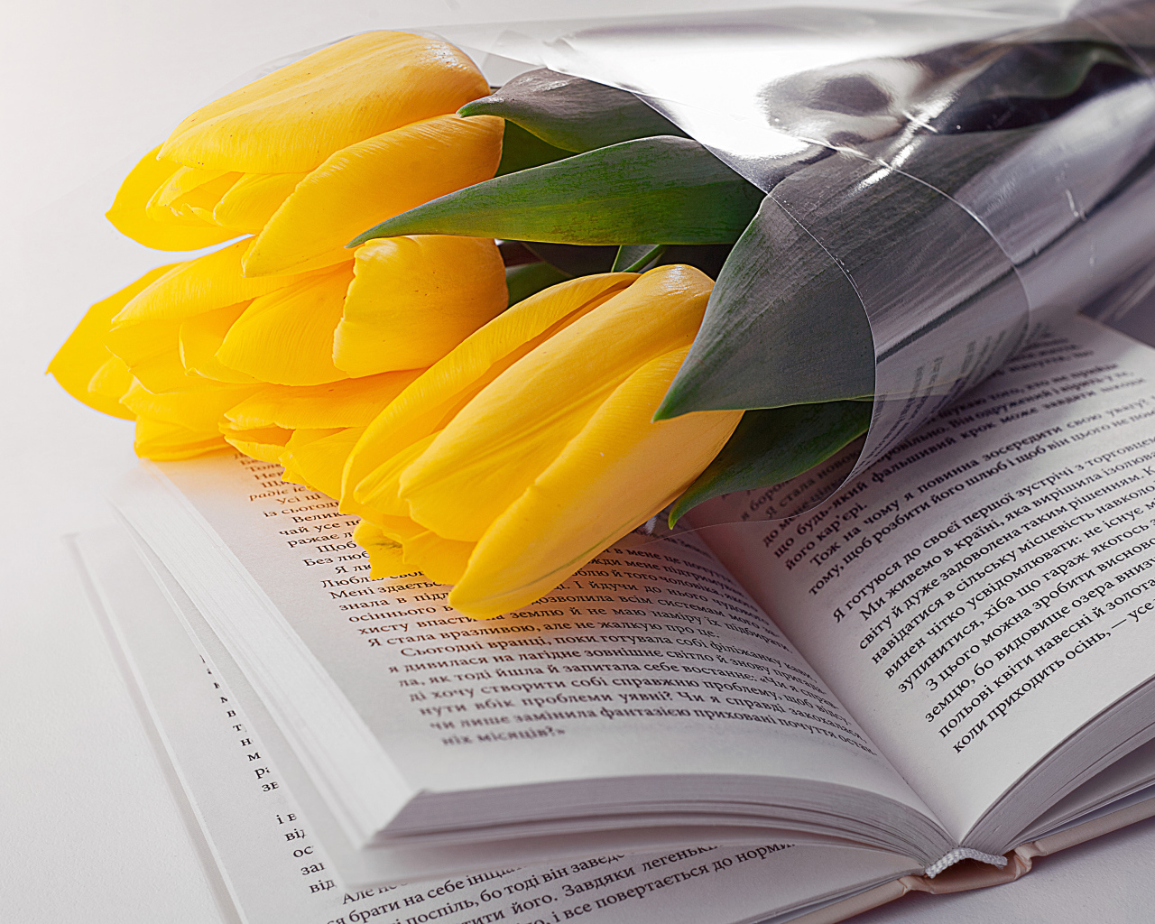 Букет желтых тюльпанов лежит на открытой книге