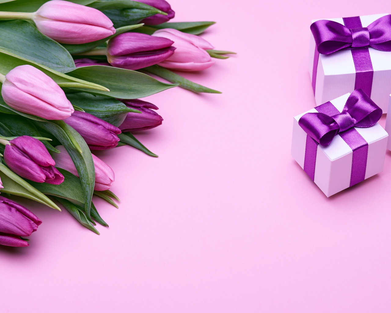 Букет фиолетовых тюльпанов с подарками на розовом фоне
