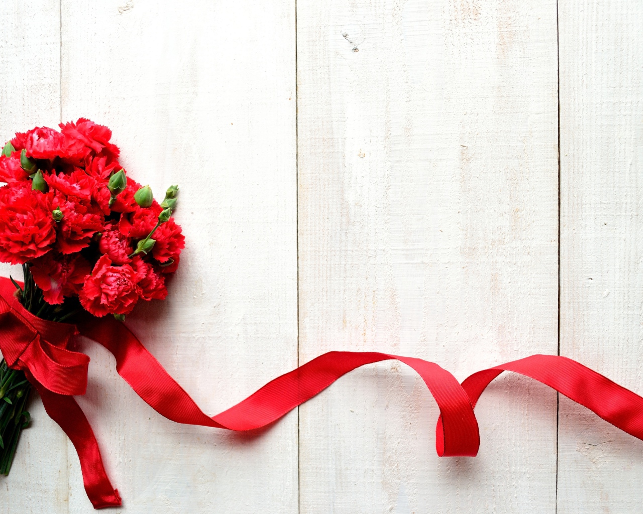 Букет красных гвоздик с красной лентой, фон для открытки