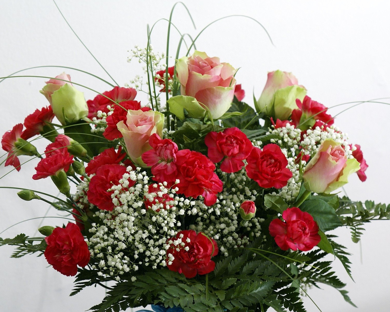 Букет роз с гвоздиками и зеленью на белом фоне