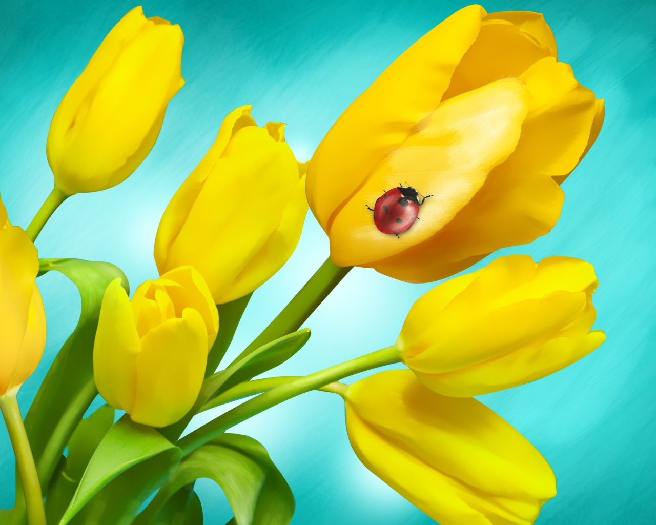 Букет желтых тюльпанов с божьей коровкой на голубом фоне