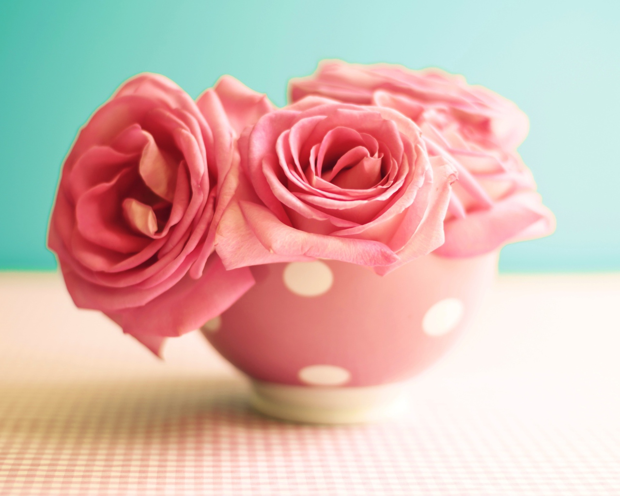 Три розовые розы в вазе на голубом фоне