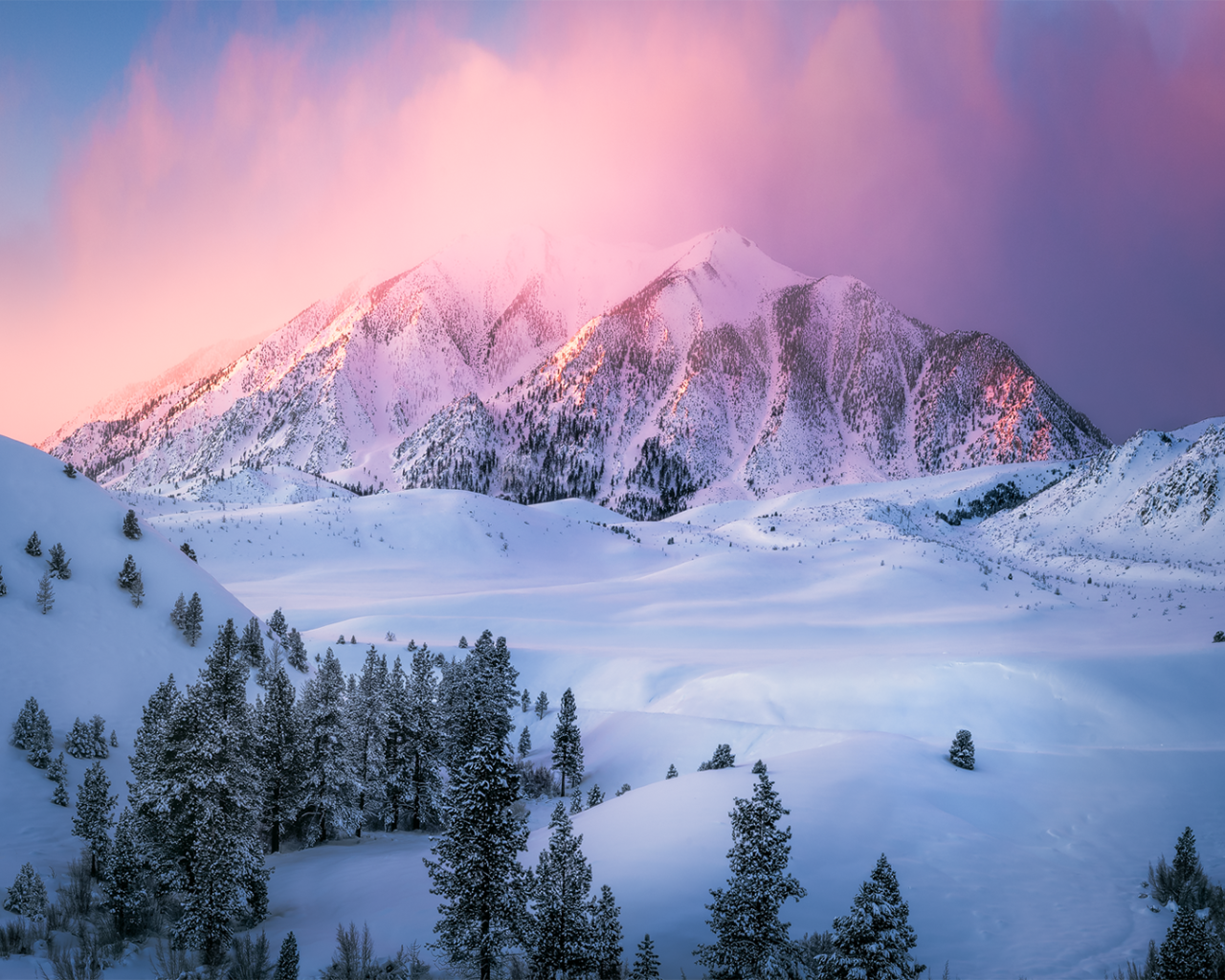 Заснеженные горы в сиреневом тумане 