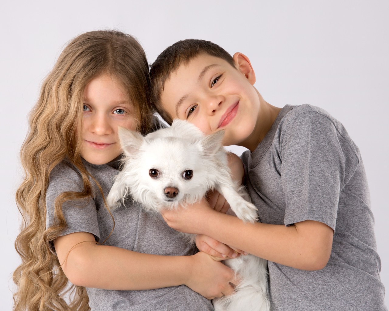 Мальчик и девочка держат в руках белого чихуахуа