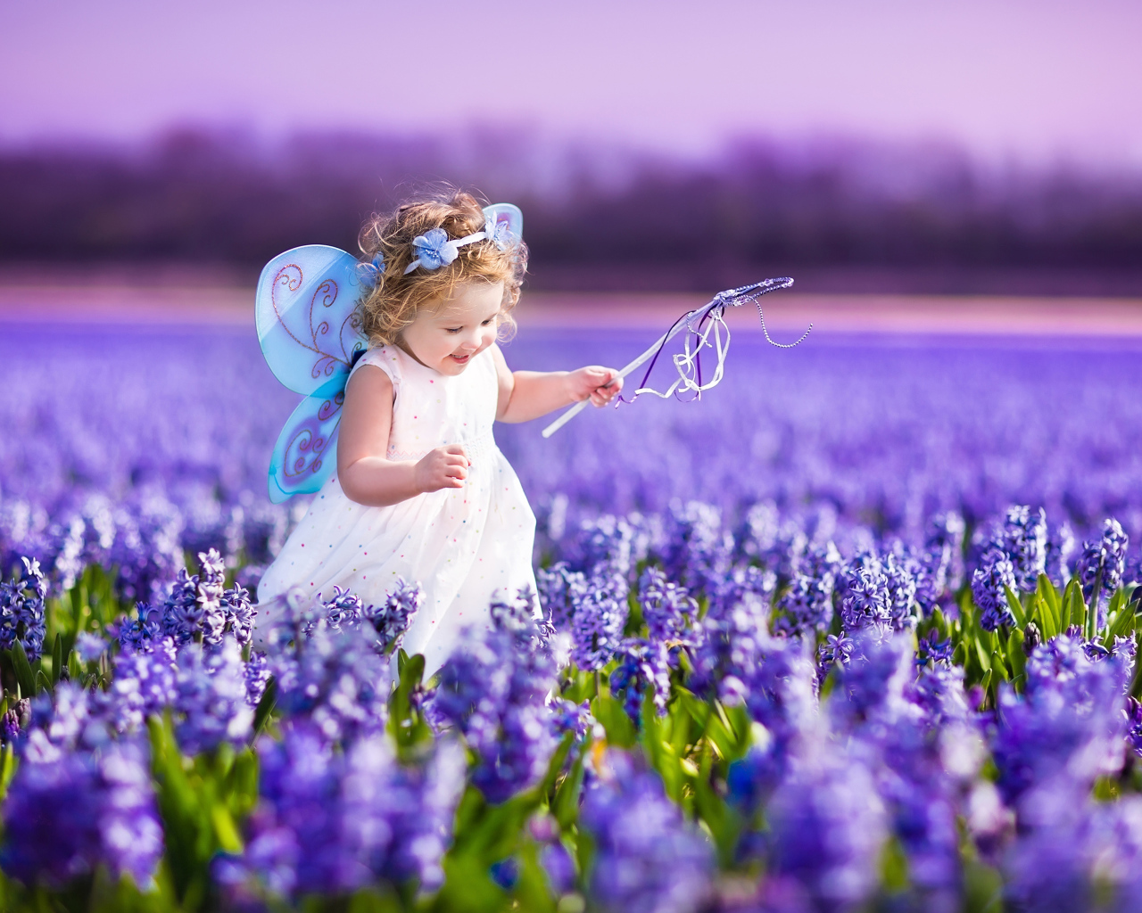 Маленькая девочка в костюме феи гуляет по полю гиацинтов