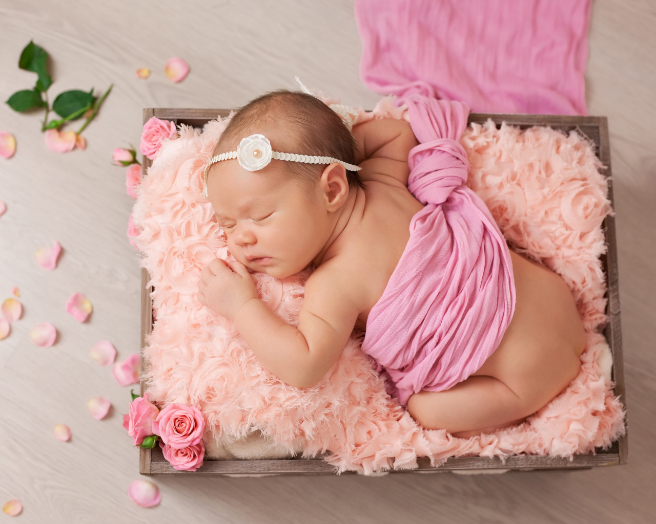 Спящий младенец с розовыми лепестками роз