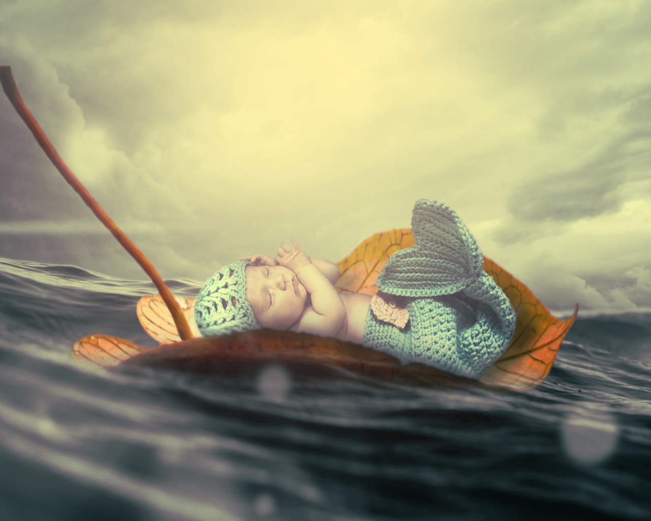 Маленький грудной ребенок в костюме русалки плывет на листе в океане