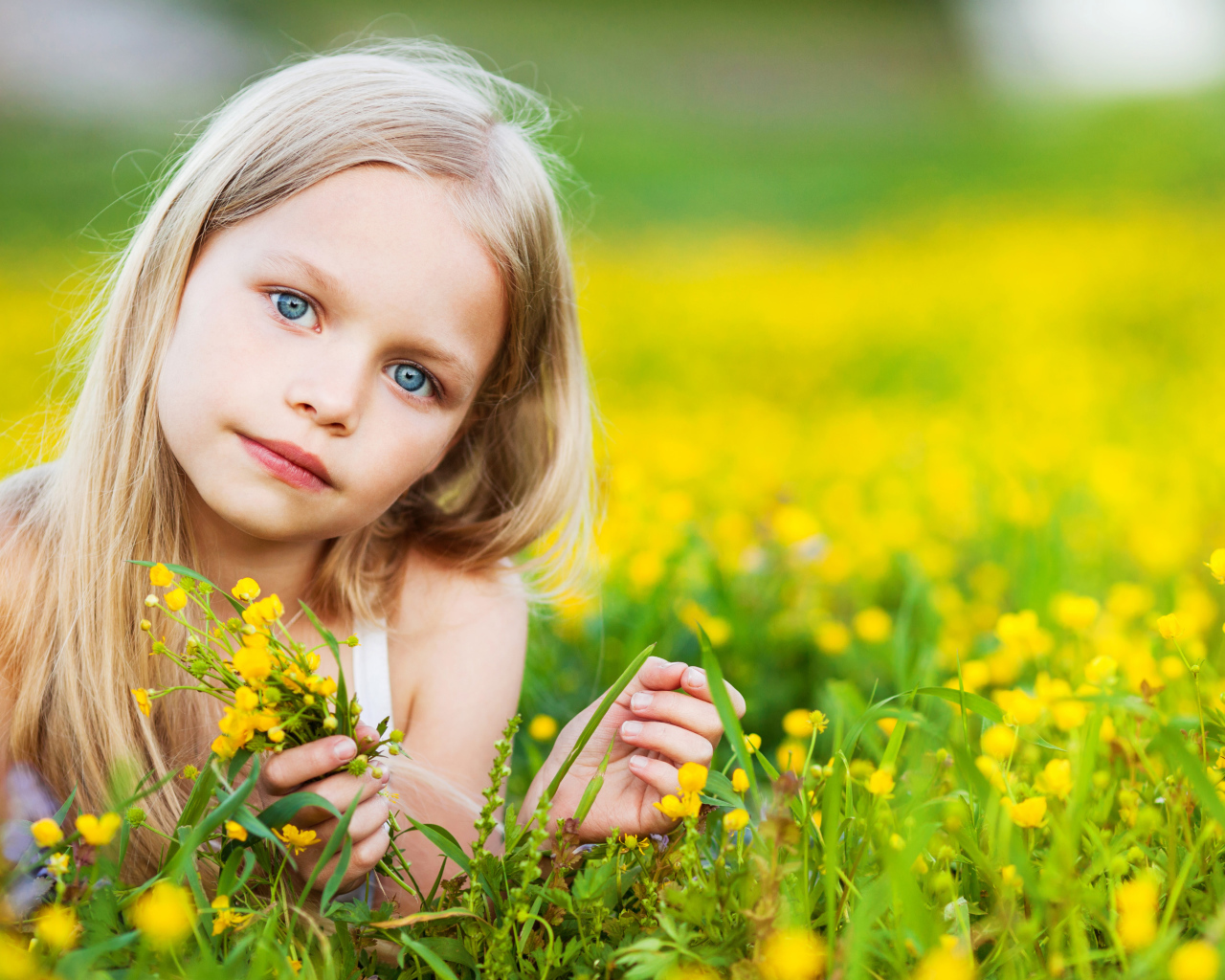 Красивая голубоглазая девочка лежит на желтых полевых цветах