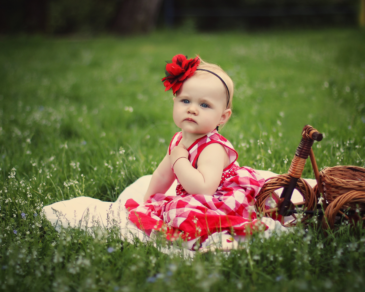 Красивая маленькая девочка с красным цветком на голове сидит на зеленой траве