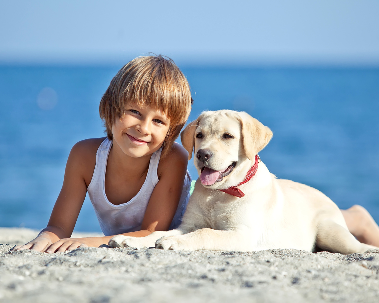 Симпатичный мальчик со щенком ретривера лежат на песке на пляже