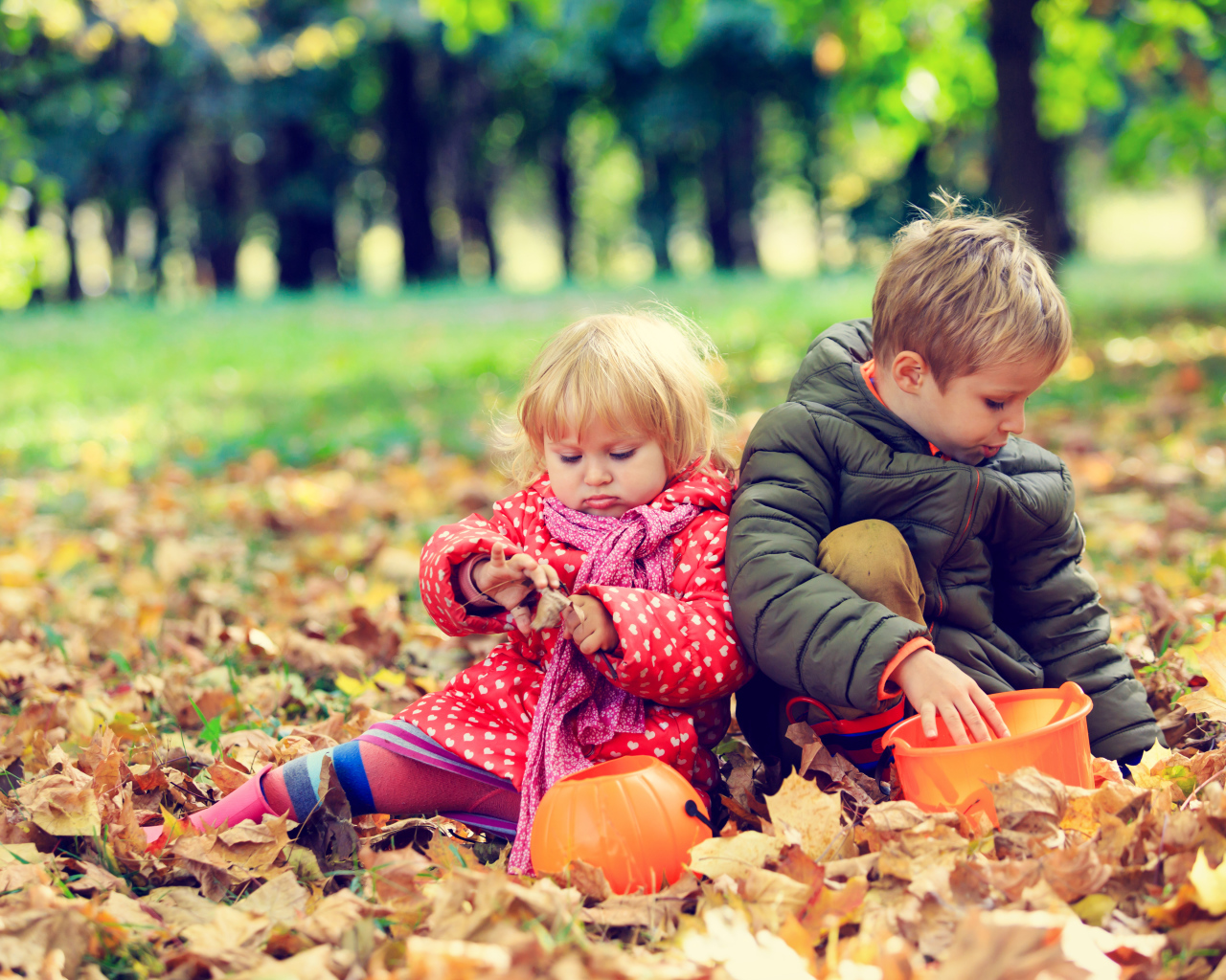 Маленькие мальчик и девочка сидят на желтой листве в парке осенью