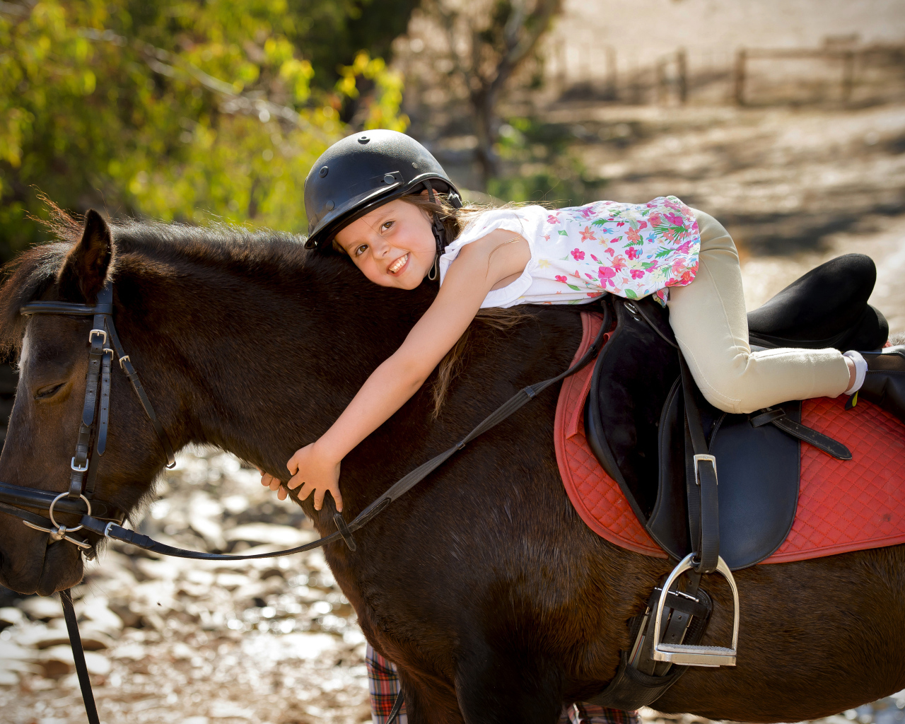 Маленькая девочка в шлеме верхом на пони