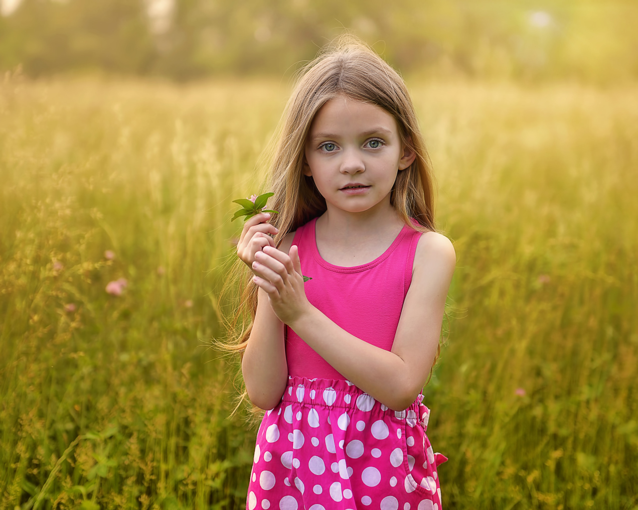 Маленькая длинноволосая девочка в розовом сарафане на поле
