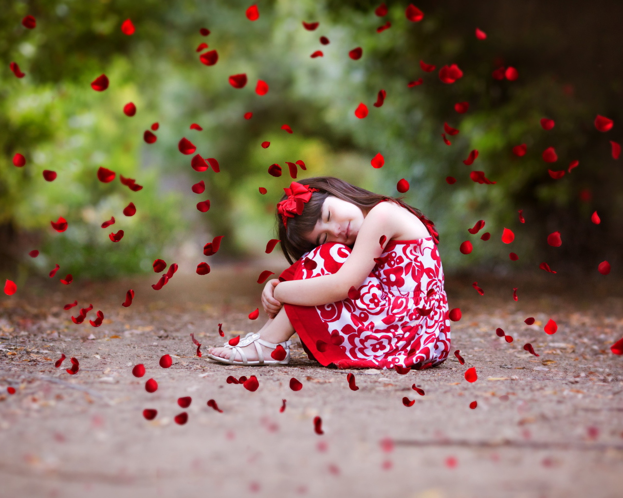 Лепестки красной розы падают на маленькую девочку
