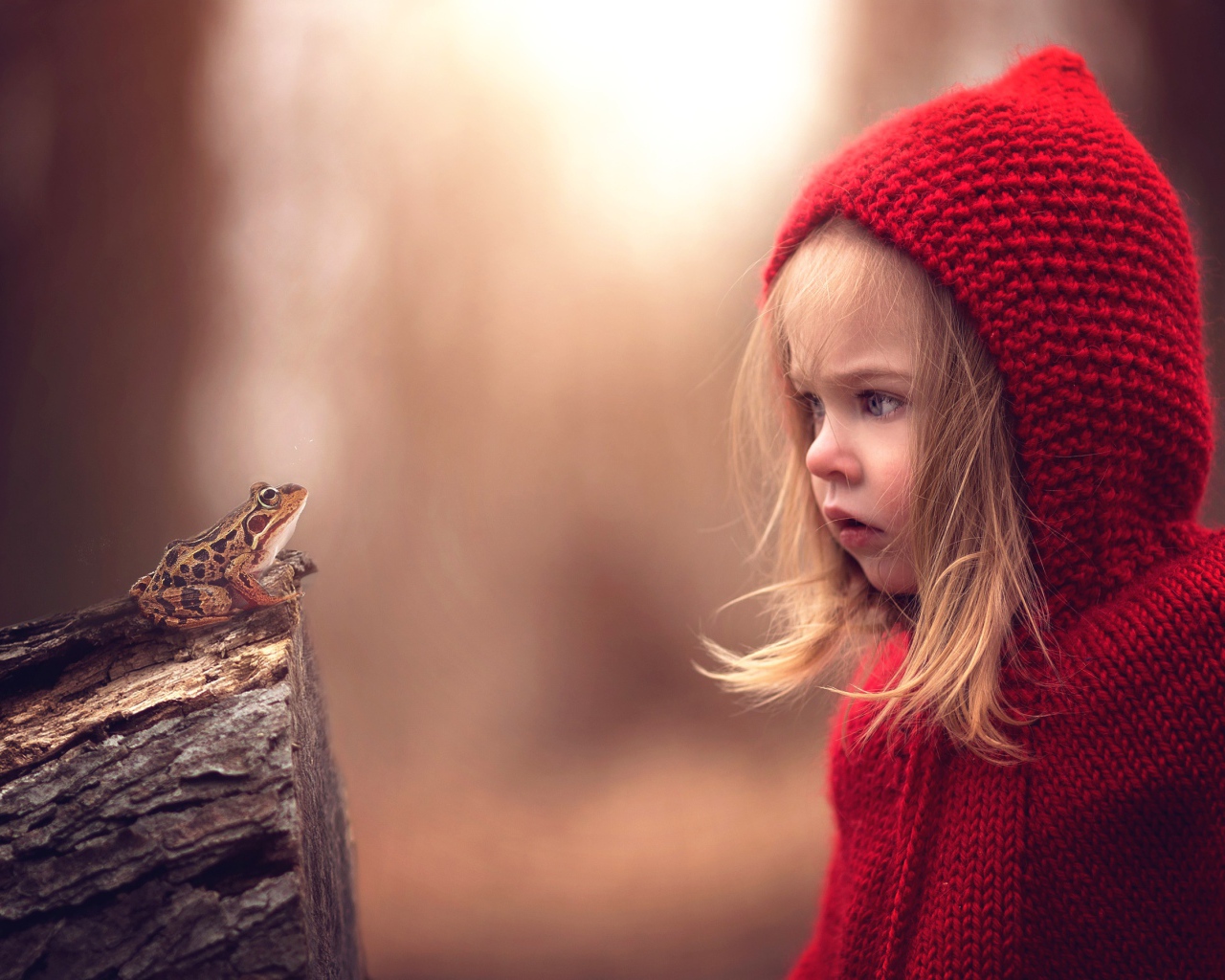 Удивленная девочка в красном капюшоне смотрит на лягушку