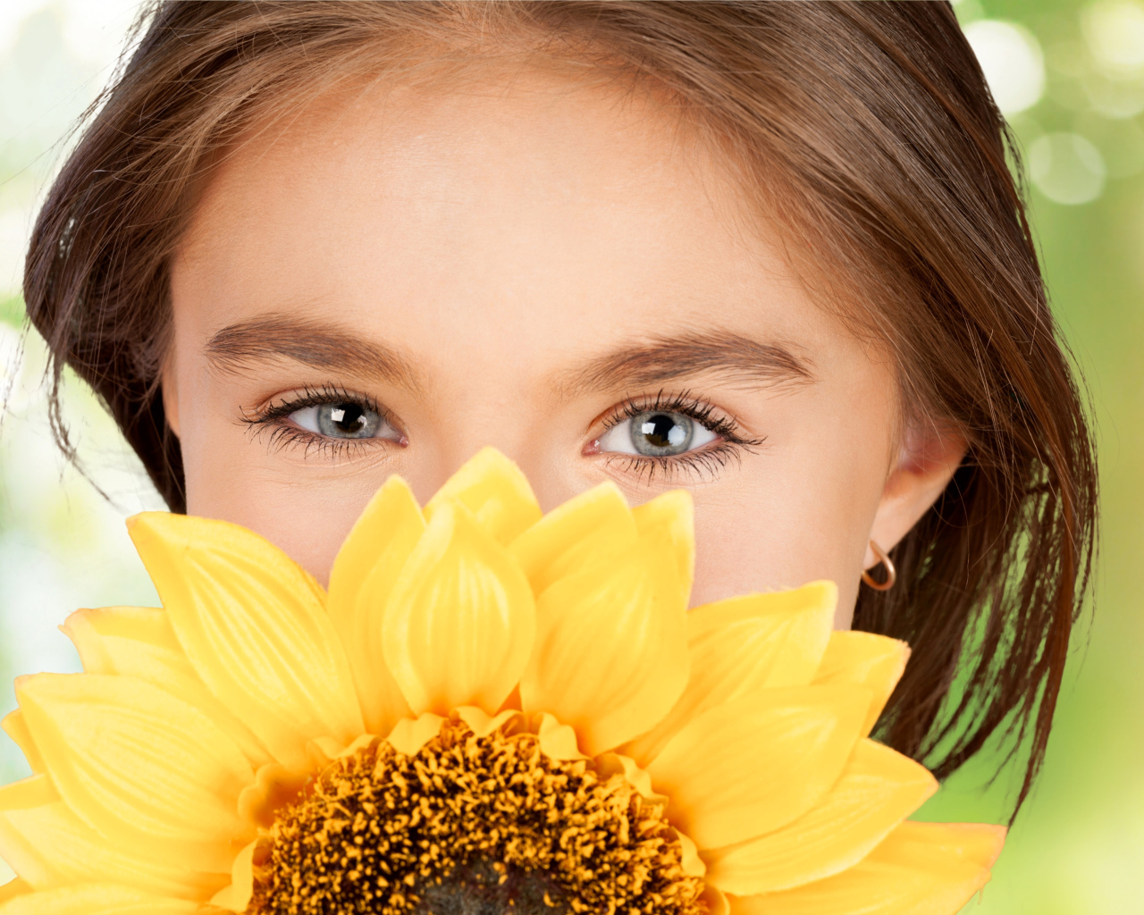 Взгляд маленькой девочки шатенки с подсолнухом в руках