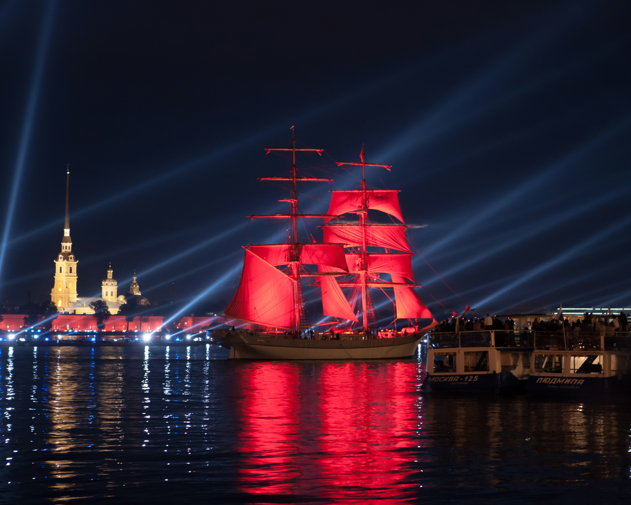 Sailing ship with scarlet sails, St. Petersburg. Russia
