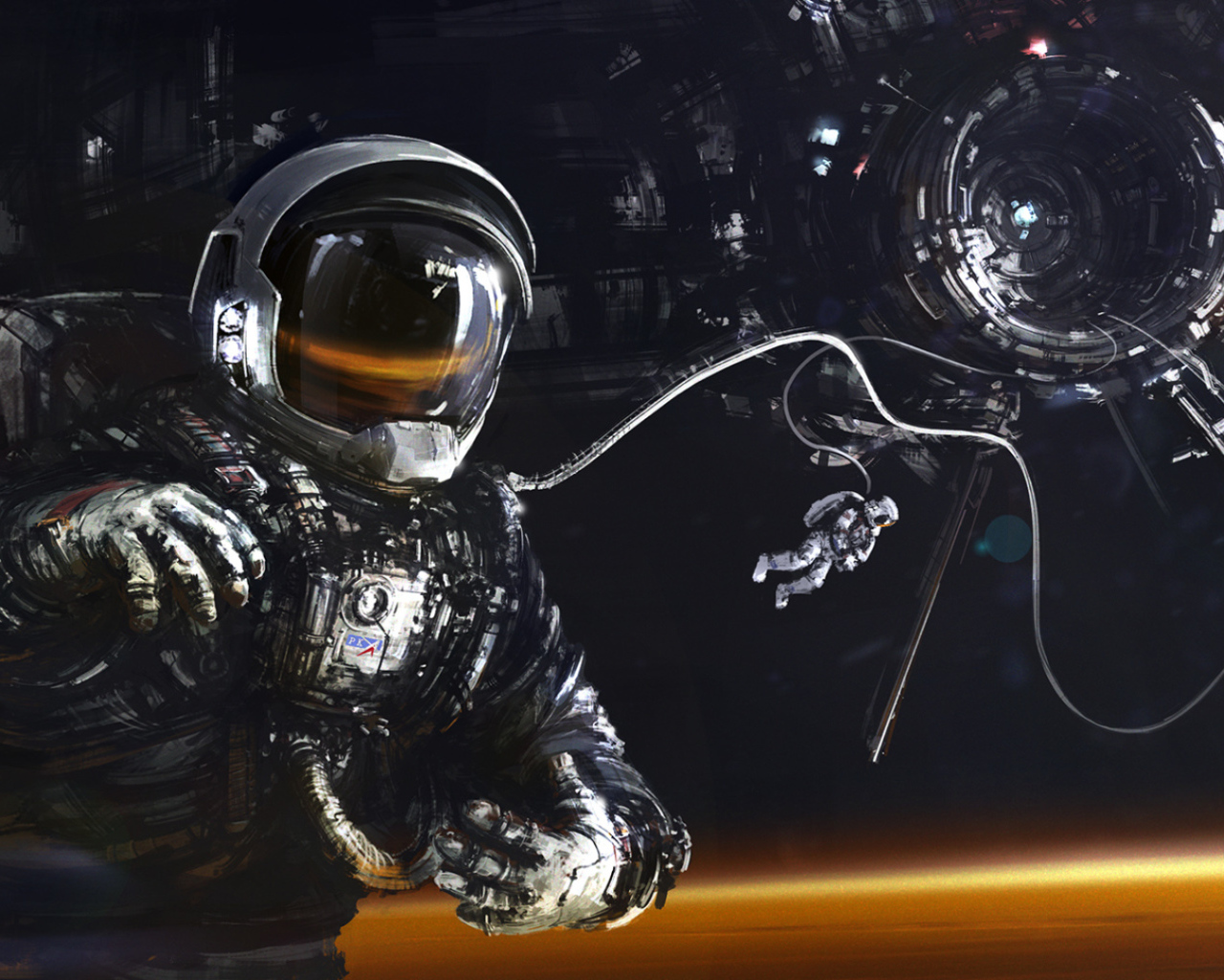 Астронавт и космический корабль над поверхностью Марса