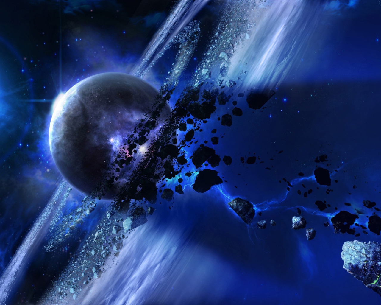 Полет метеоритов вокруг планеты Сатурн в космосе