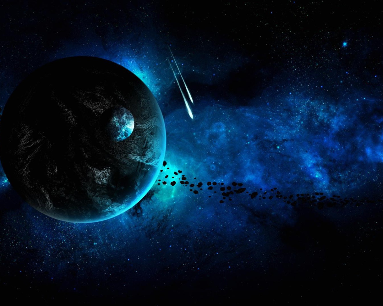 Планеты и метеоритный дождь в звездной галактике 