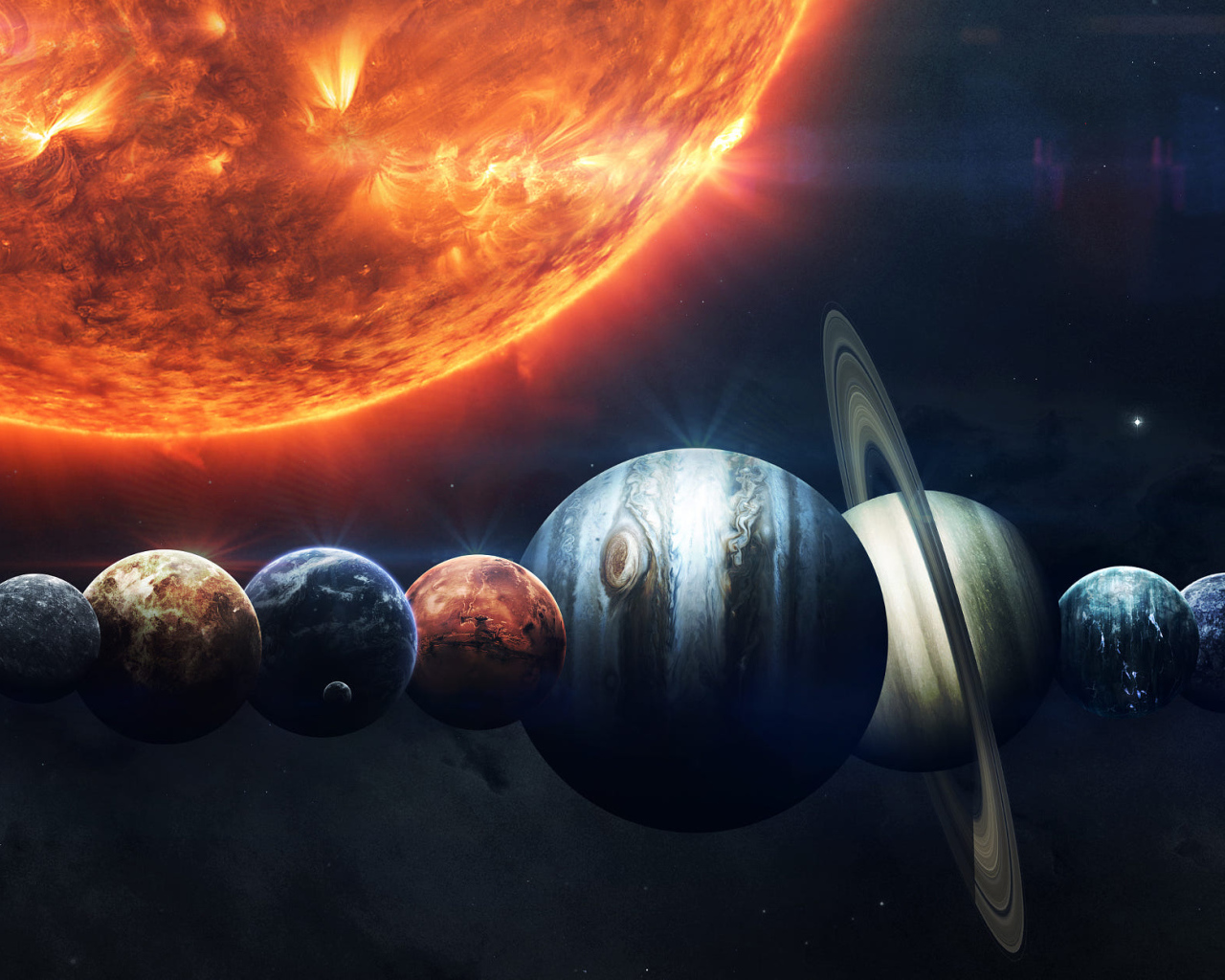 Планеты солнечной системы выстроились в ряд рядом с солнцем