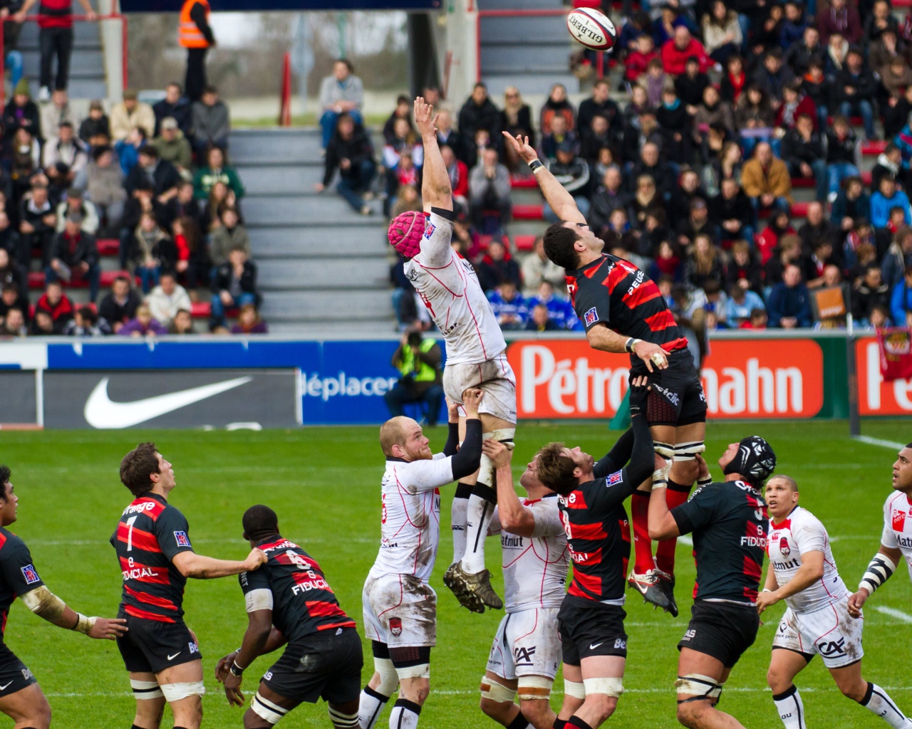 Игра команд по регби на стадионе 