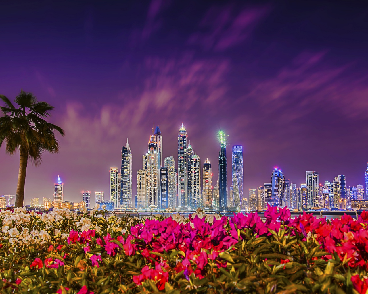 Вид на ночные небоскребы Дубая 