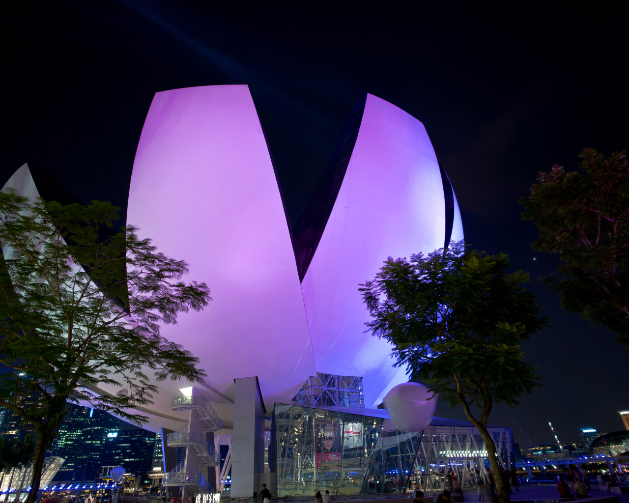Необычное фиолетовое здание ночью, Сингапур 