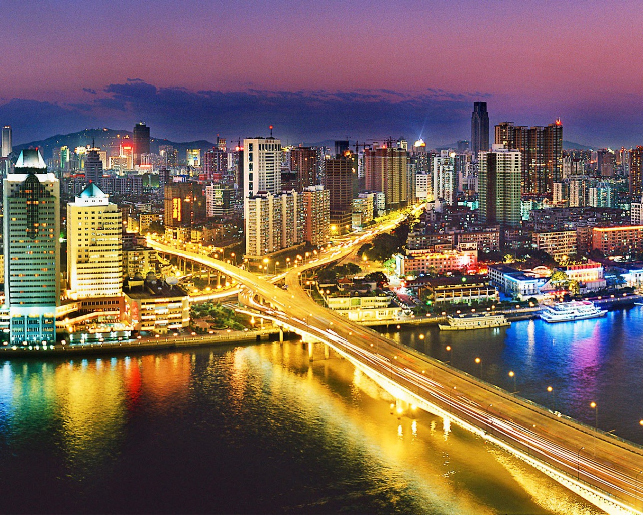 Вид на ночной город Гуанчжоу Китай 