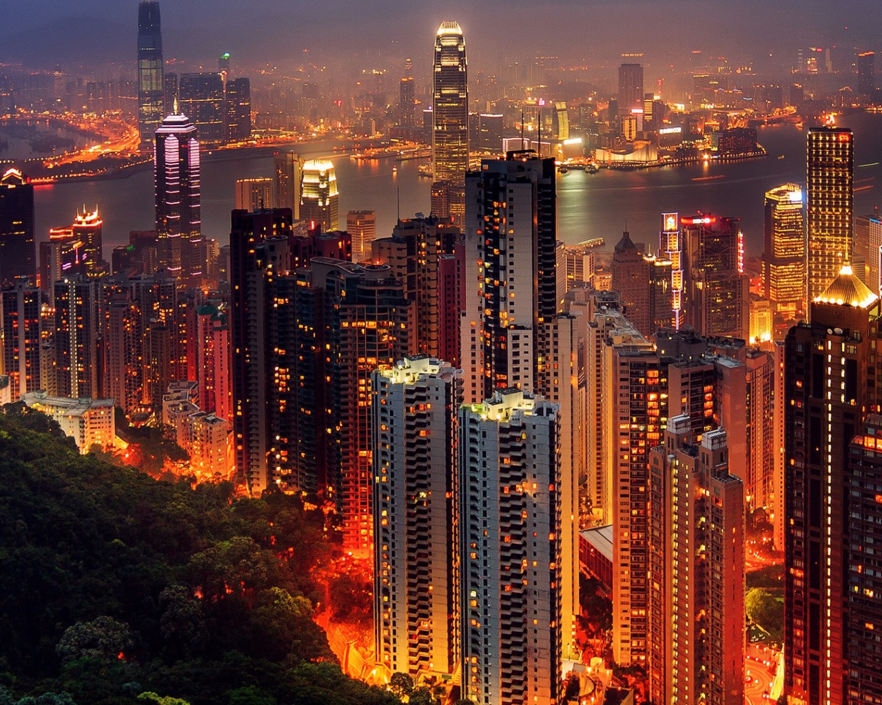 Вид на ночной Гонконг, Китай 