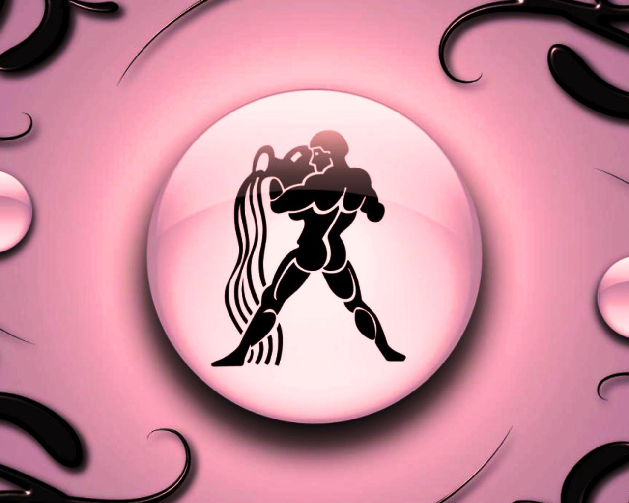 Знак зодиака Водолей на  розовом фоне с чёрным орнаментом 