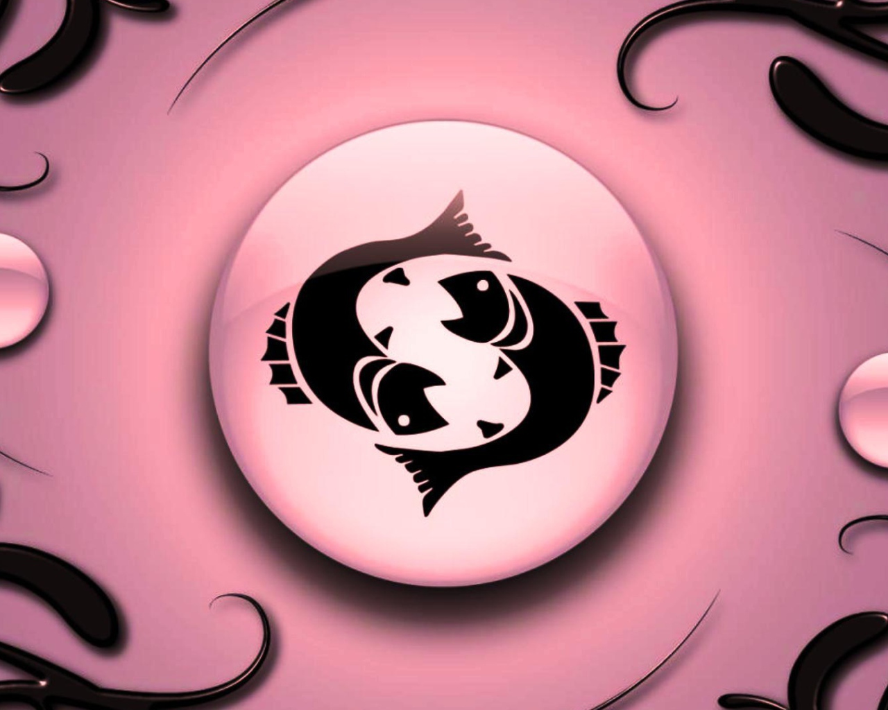 Знак зодиака Рыбы на  розовом фоне с чёрным орнаментом 