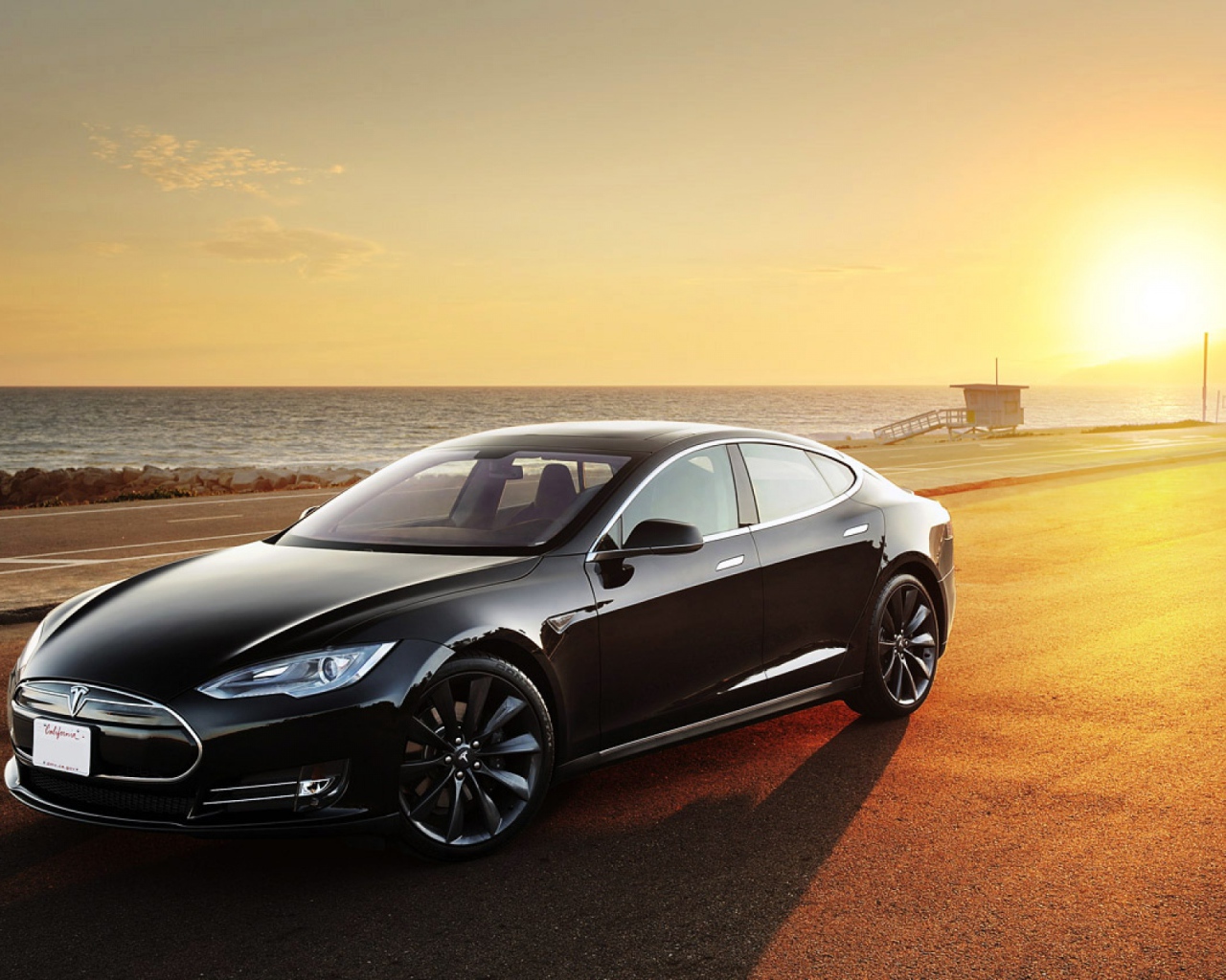 Черная Тесла на берегу моря