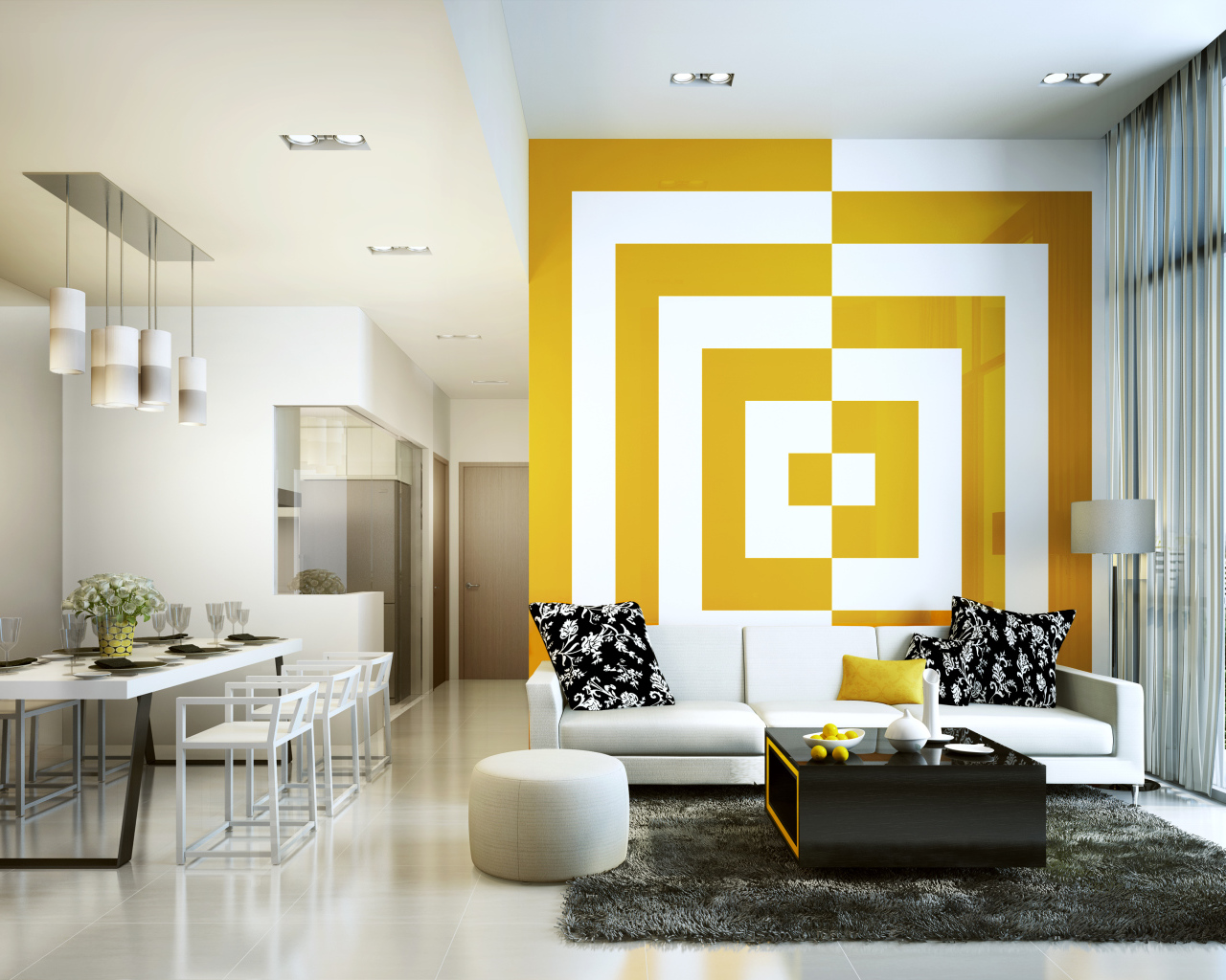 Светлая гостиная с большим окном на балкон