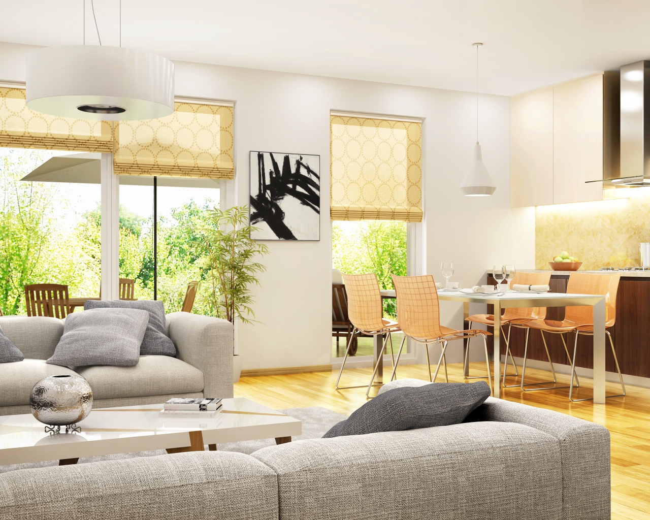 Столовая комната с диванами и большим телевизором