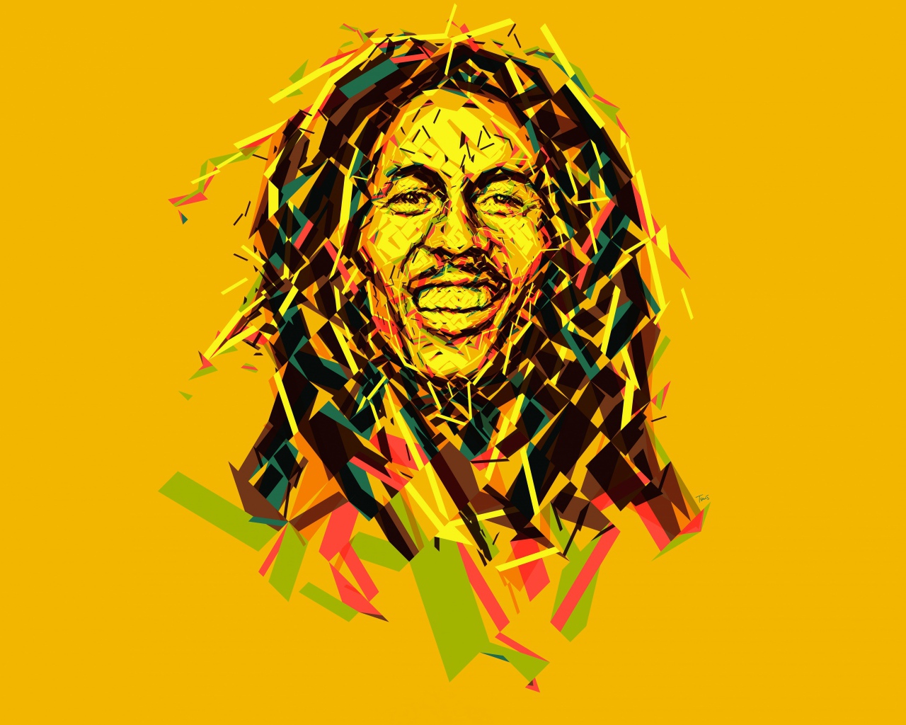 Графический рисунок Боба Марли на желтом фоне