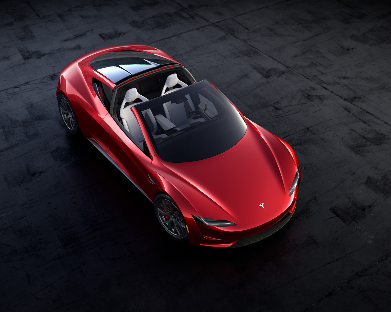 Красный автомобиль Tesla Roadster, 2020 вид сверху