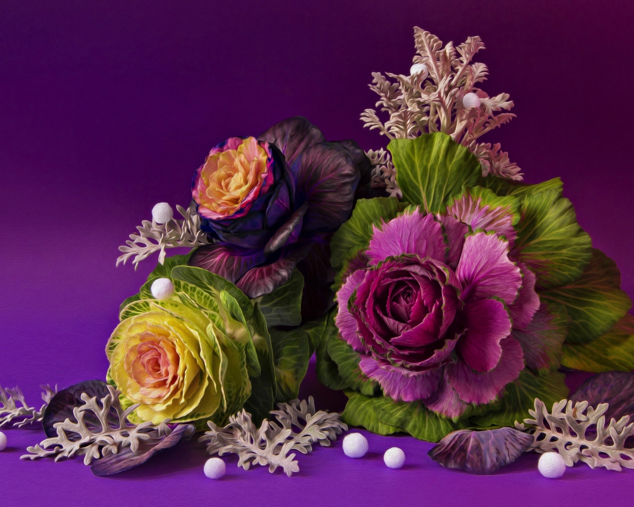 Цветы декоративной капусты на фиолетовом фоне, фрактальный рисунок