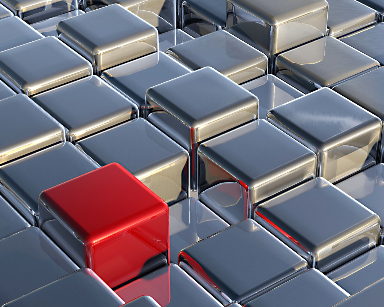 Красный куб среди серебристых, 3д графика