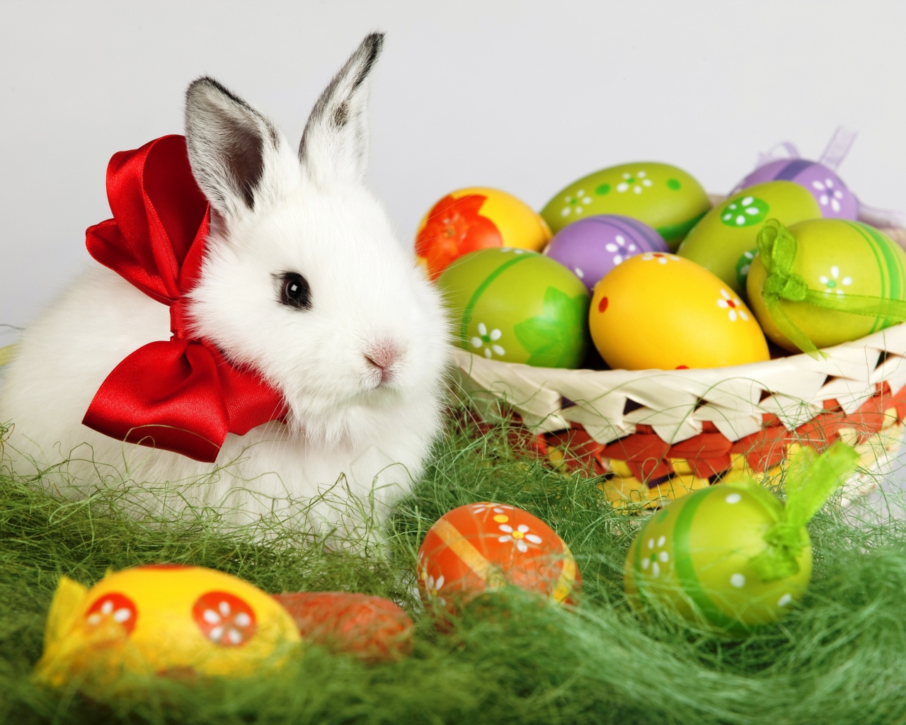 Пушистый белый декоративный кролик с корзиной пасхальных яиц