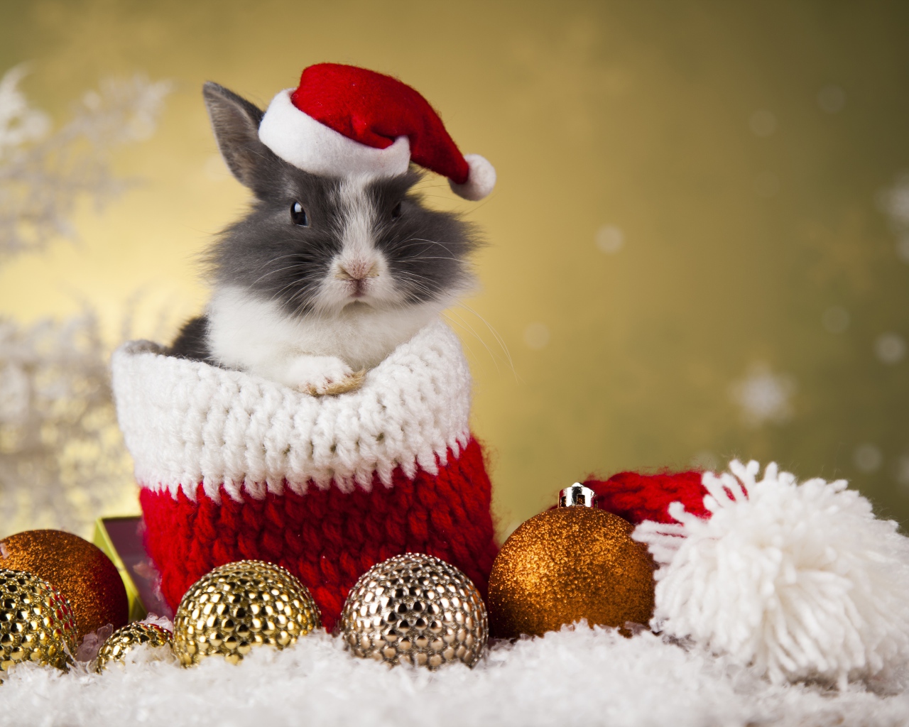 Кролик в новогодней шапке и елочными игрушками