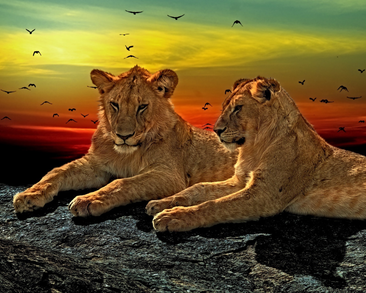 Две львицы лежат на камне на закате солнца
