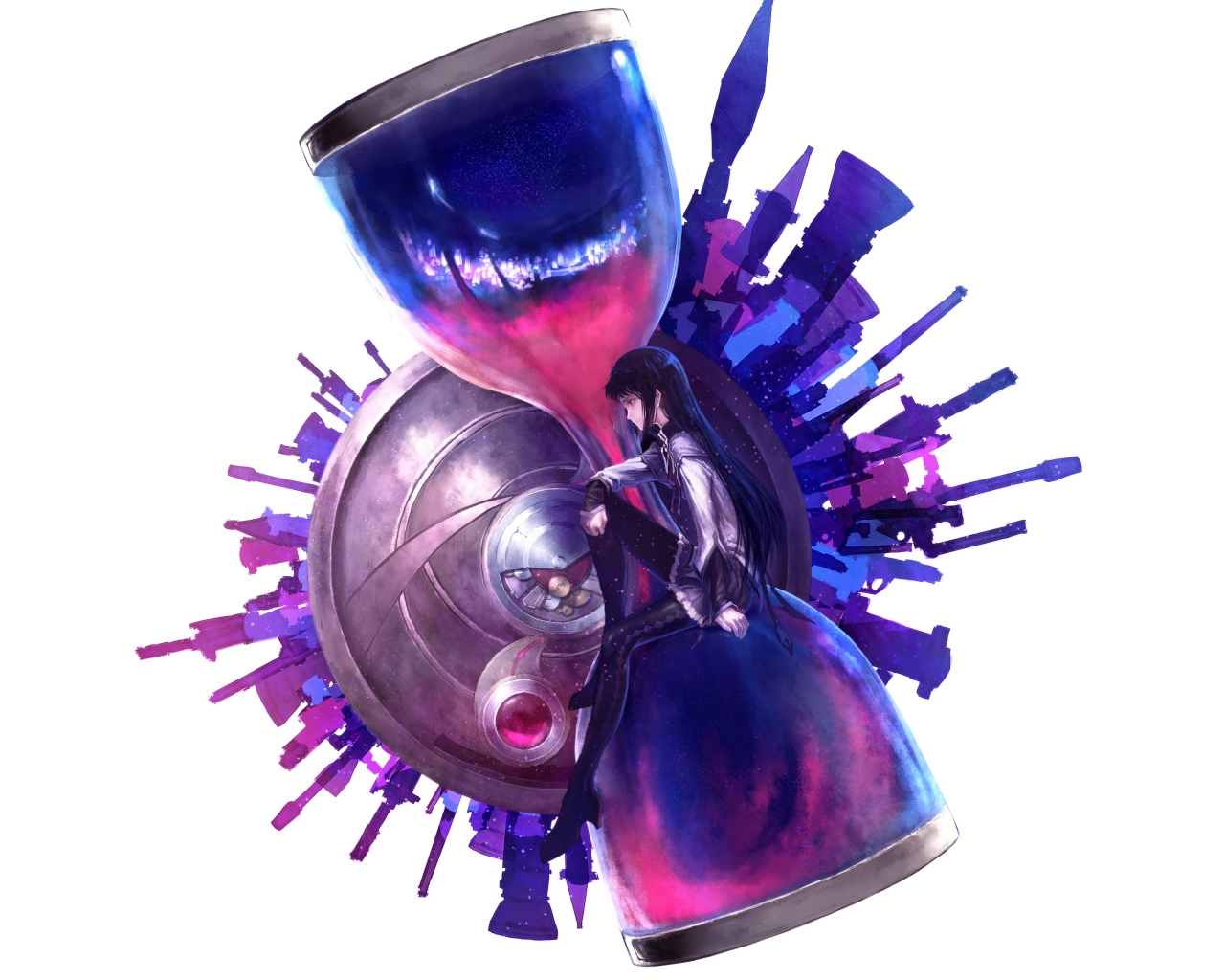 Девушка аниме сидит на больших песочных часах на белом фоне