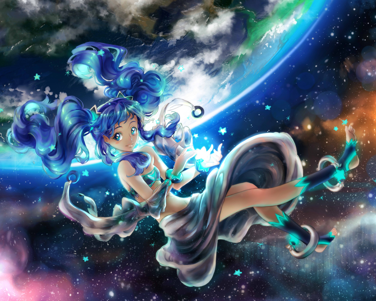 Девушка аниме с синими волосами парит в воздухе