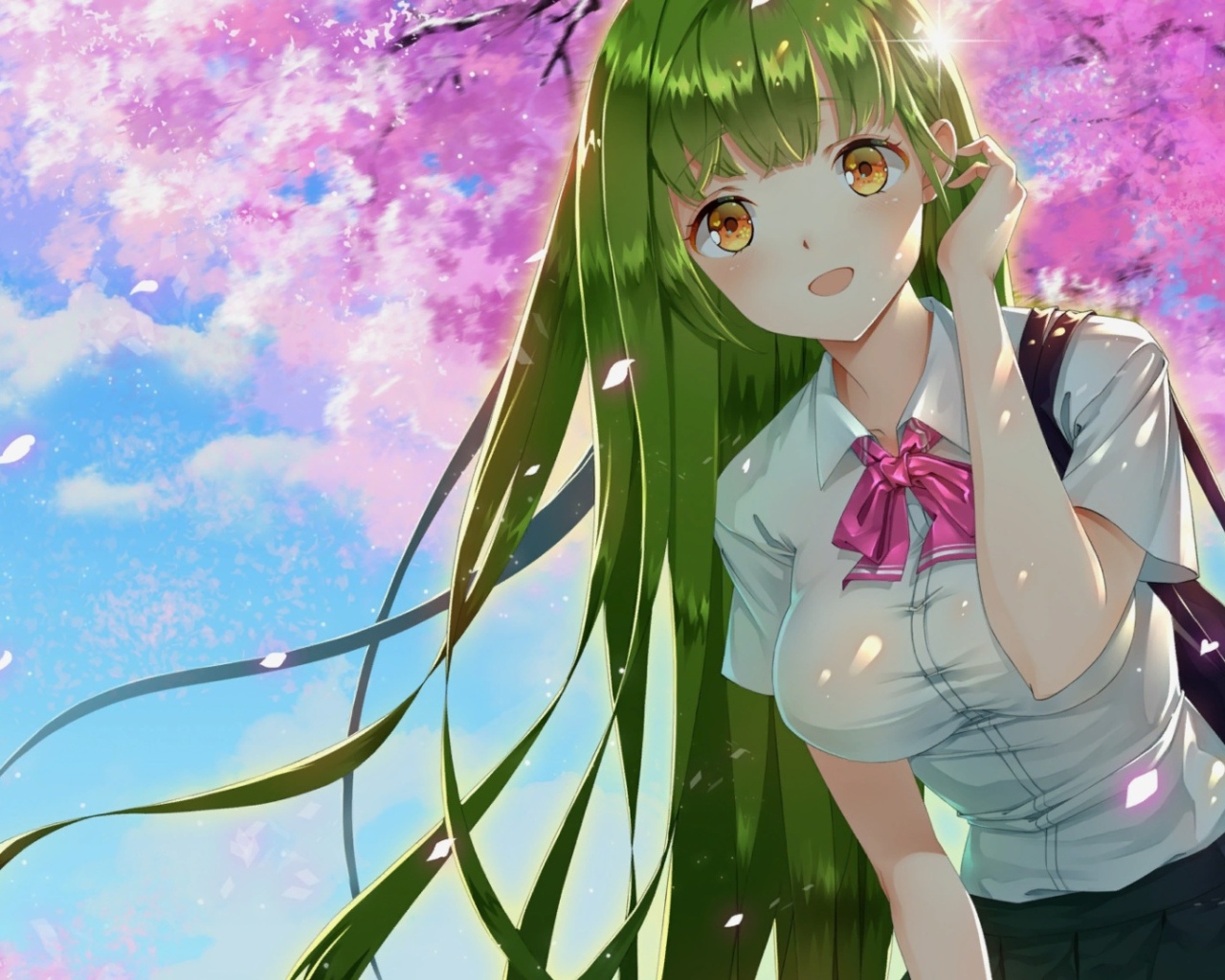 Девушка аниме с зелеными волосами и карими глазами