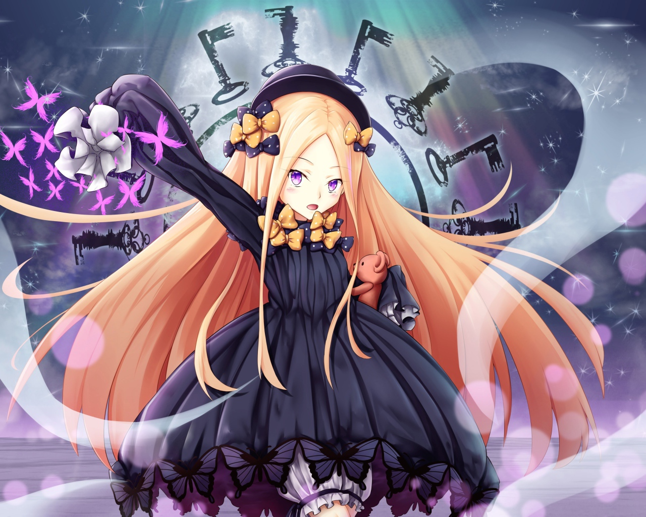 Девушка аниме с розовыми волосами в фиолетовом платье 