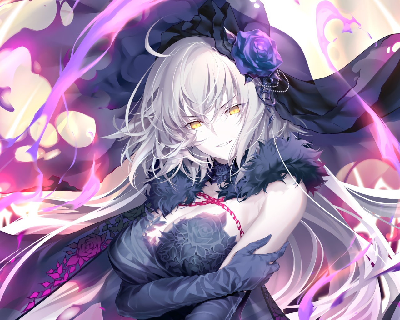 Девушка аниме с желтыми глазами в черной фате