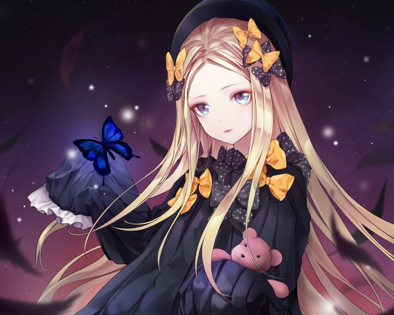 Красивая девушка аниме с бантиками в длинных волосах 