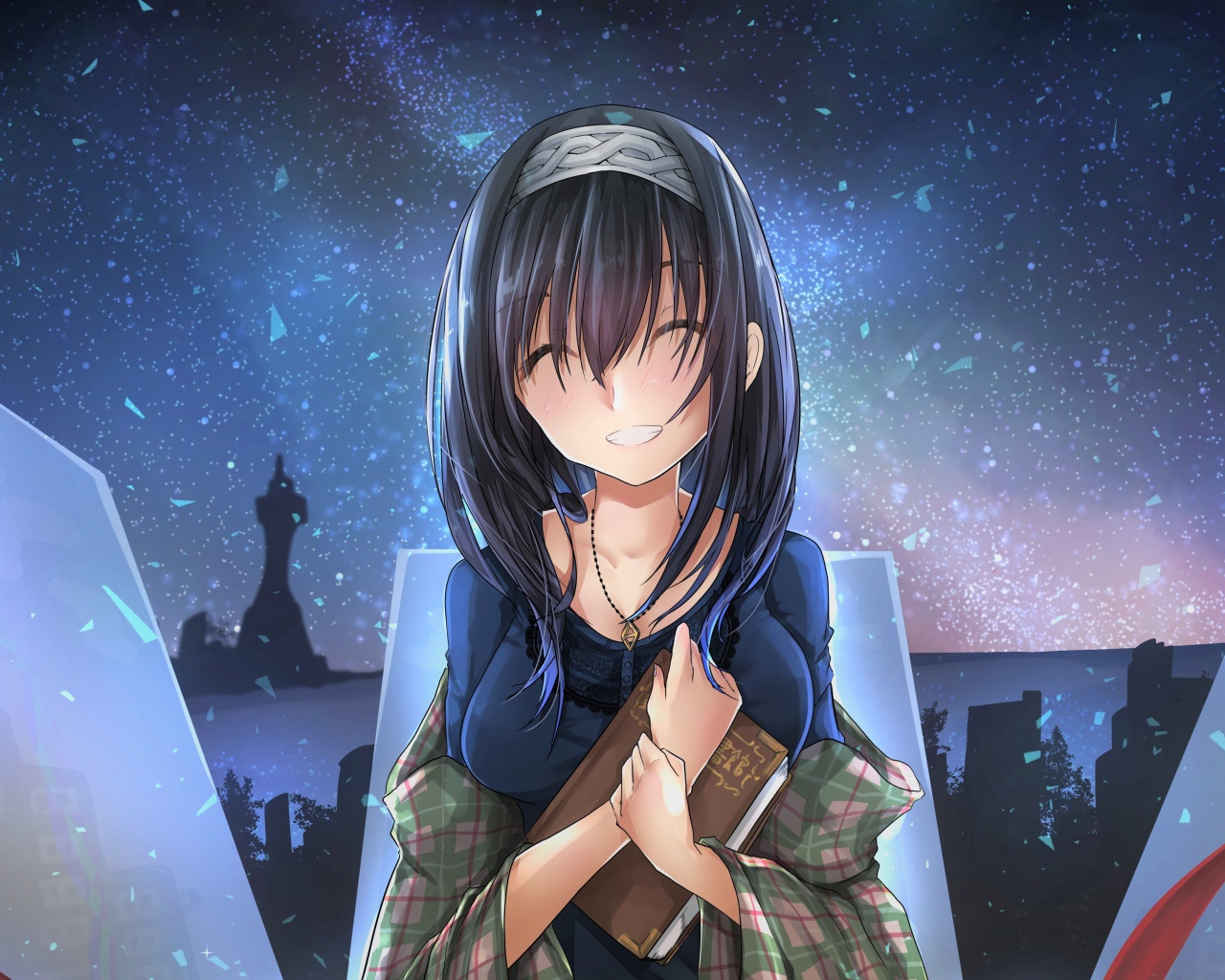 Улыбающаяся девушка аниме с книгой в руках