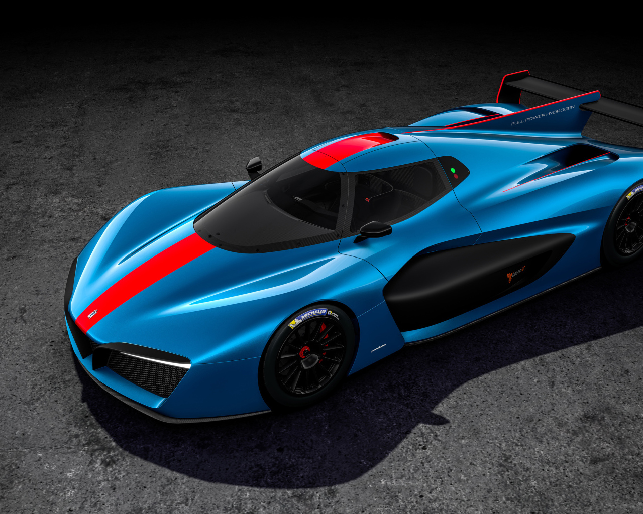 Голубой гоночный автомобиль Pininfarina H2 Speed Front 2018